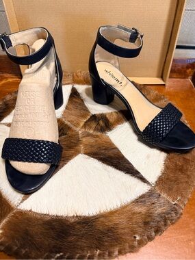 White House Black Market Black Braided Open-Toe Ankle-Strap Block Heels